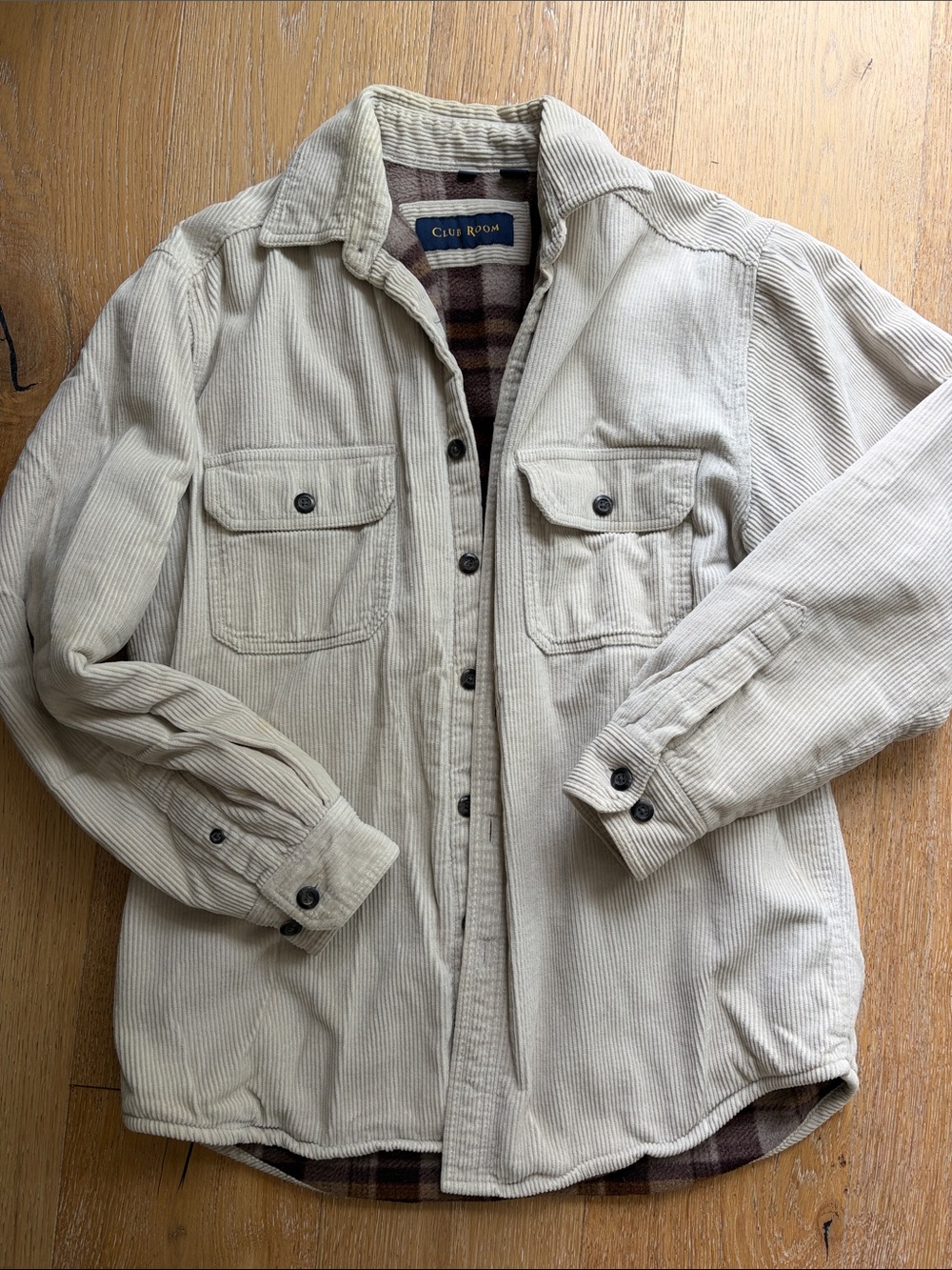 Club Room Cream Corduroy Shirt Jacket with Plaid Fleece Lining